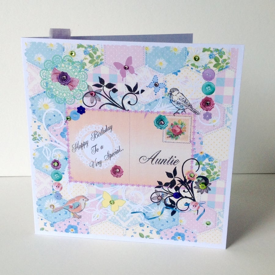 Birthday Card,Auntie,Printed Patchwork Design,Can Be Personalised,Handmade.