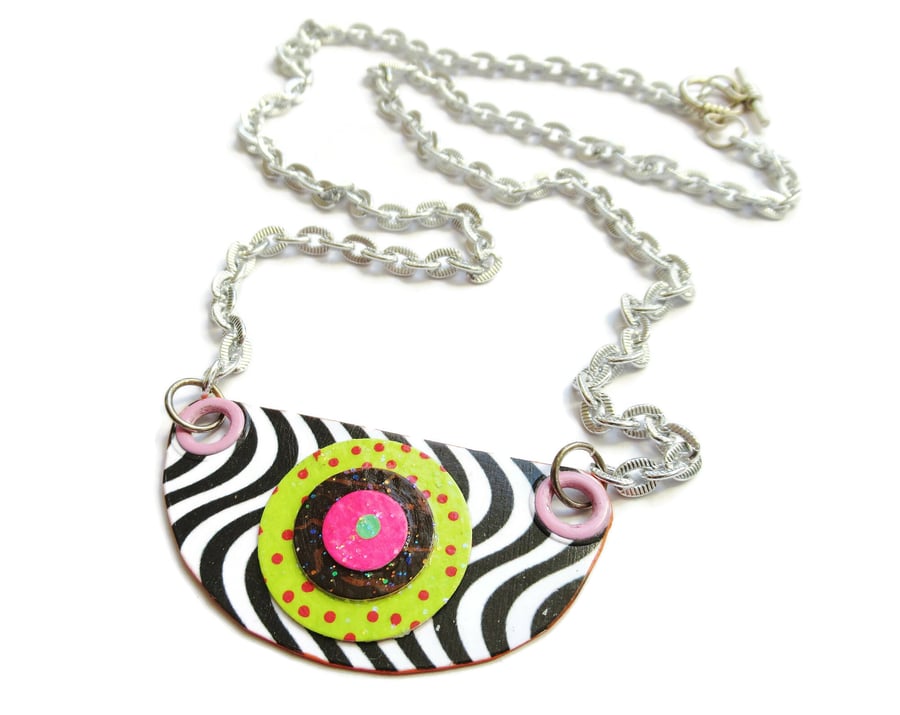 Funky Necklace Black White Pink Green Op Art Stripes Colourful Fun
