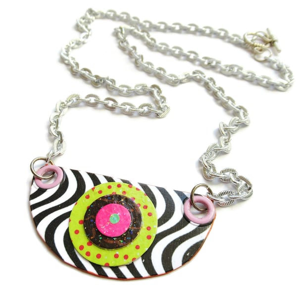 Funky Necklace Black White Pink Green Op Art Stripes Colourful Fun