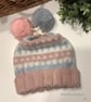 Large Size Child Hand Knitted Fairisle Pom Pom Hat 22"inches 3 Years Plus  - Image 3