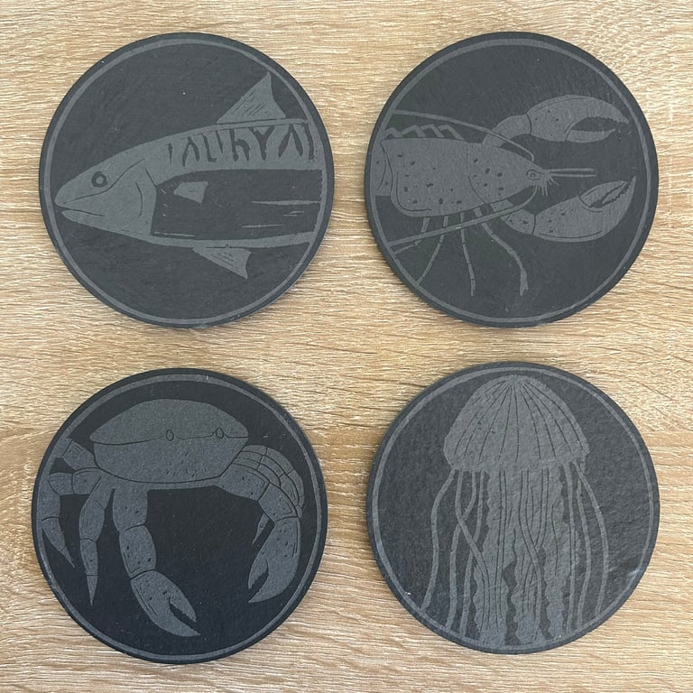 2 Laser Engraved Slate Coasters - Coastal Designs from Original Linocut Art