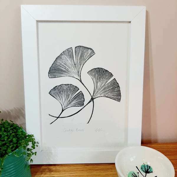 Original A4 linoprint of  3 ginkgo leaves.