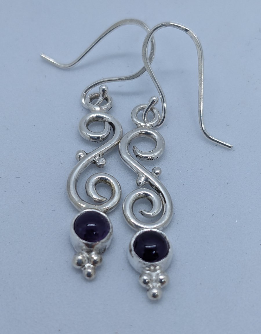 Sterling silver scroll earrings with amethysts