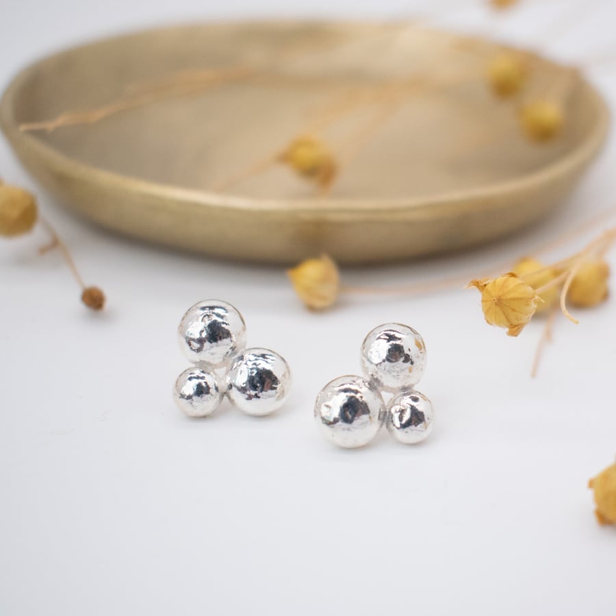 Recycled Silver Earrings - Pebble Cluster Earrings - Silver Nugget Earrings