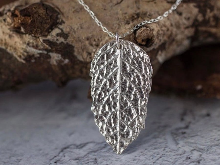 Silver Mint Leaf Necklace, Fine Silver Leaf Pendant