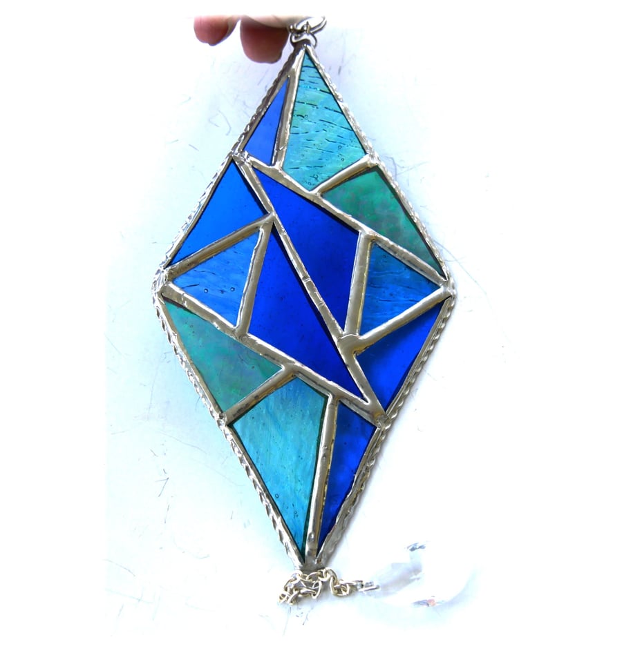 Stained Glass Diamond Suncatcher Handmade Teal Blue Triangles 