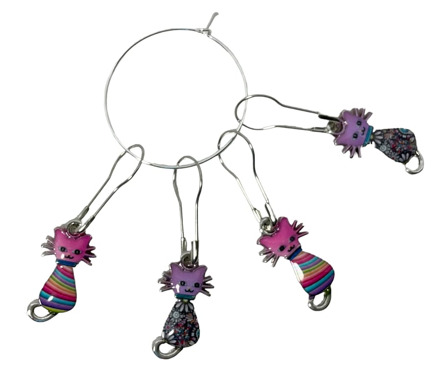 Cat Stitch markers for knitting and crochet, enamelled colourful progress charms