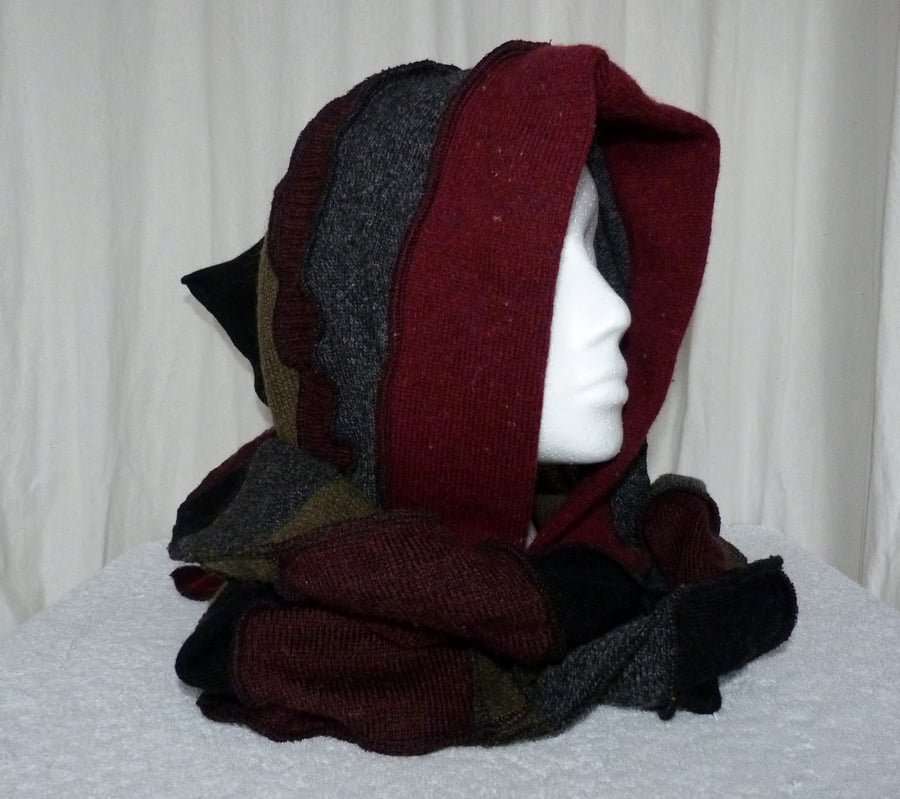 Upcycled Wool  Scoodie An all in one Scarf and Hood in Burgundy & Black