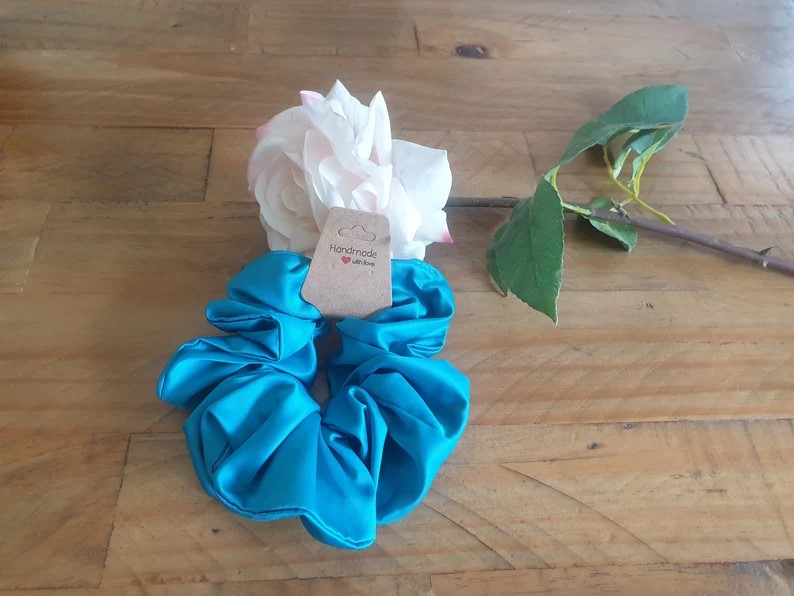 Handmade Turquoise Satin Jumbo Scrunchie – Statement Hair Accessory