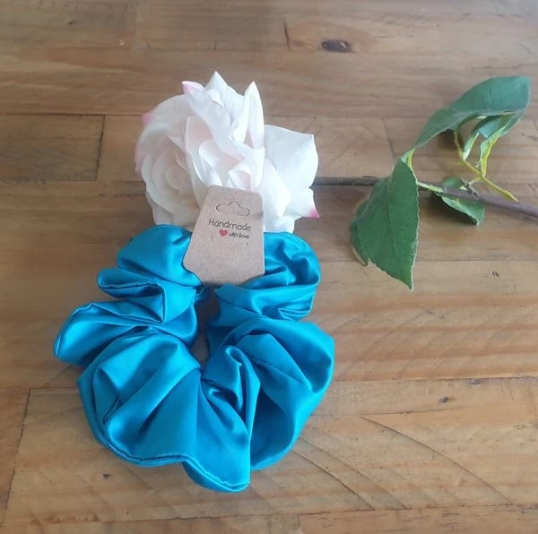 Handmade Turquoise Satin Jumbo Scrunchie – Statement Hair Accessory