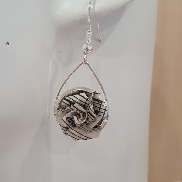 Origami Rose Drop Earrings handmade from recycled Sheet Music, elegant setting
