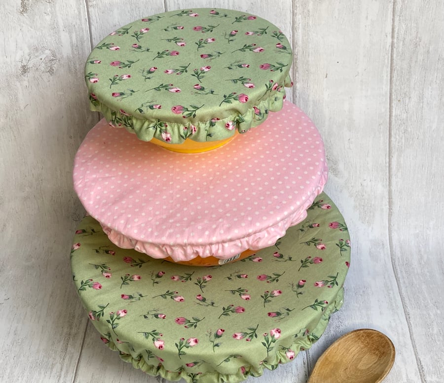 Reusable bowl covers - set of three. Sage green and pink