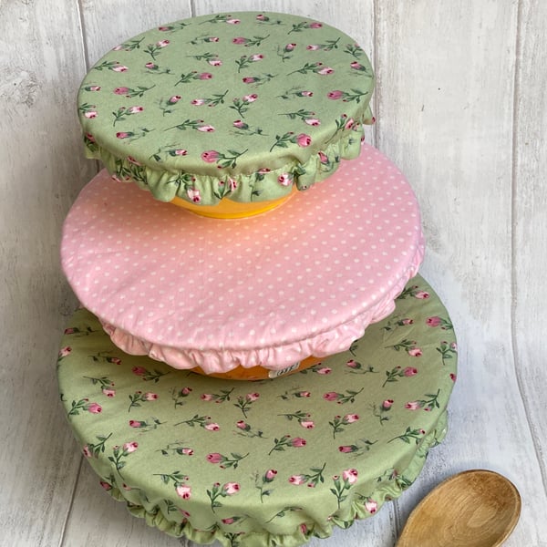 Reusable bowl covers - set of three. Sage green and pink