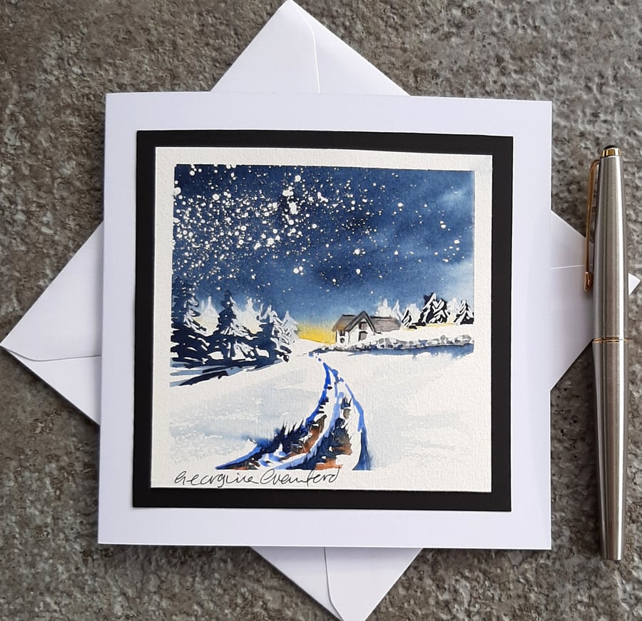Handpainted Blank Christmas Card. A Snowscene Watercolour Landscape