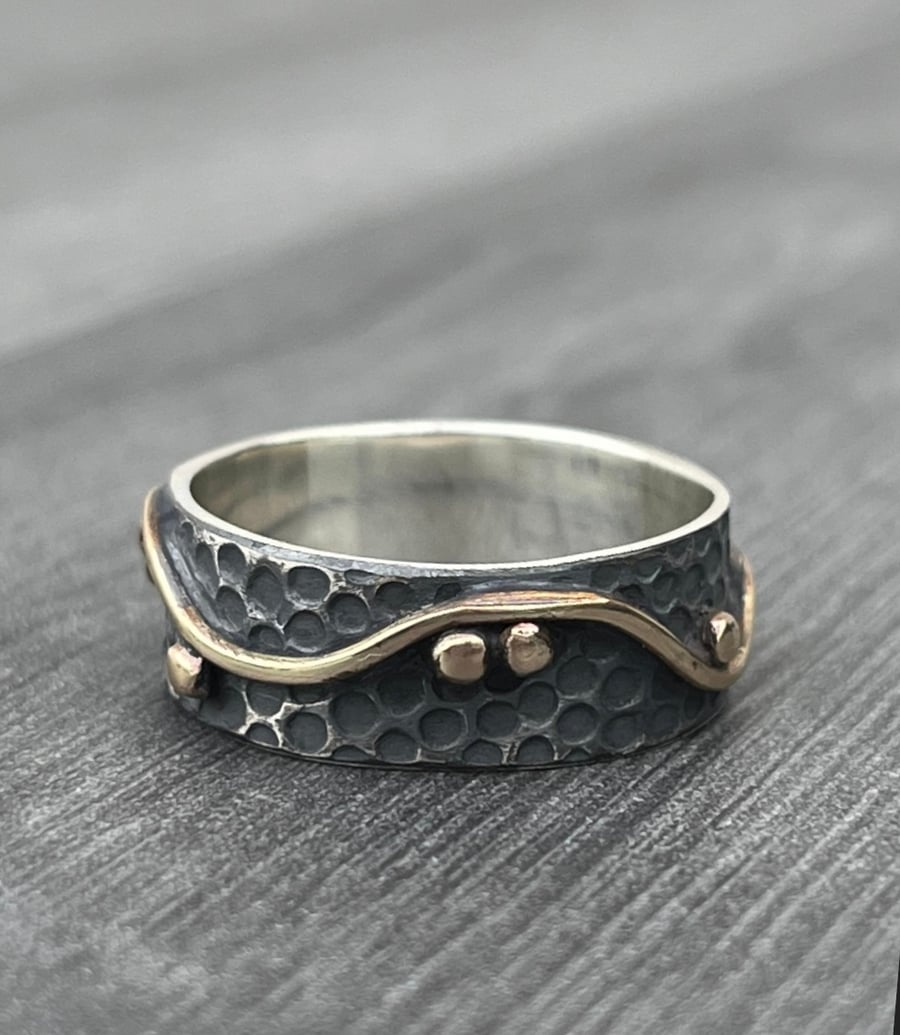 Gold Wave Ring, oxidised ring, gold bubbles ring, ocean ring, ripple ring