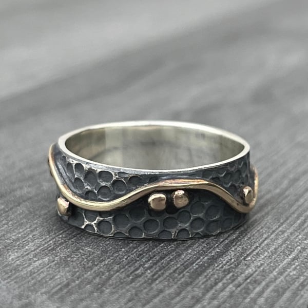 Gold Wave Ring, oxidised ring, gold bubbles ring, ocean ring, ripple ring