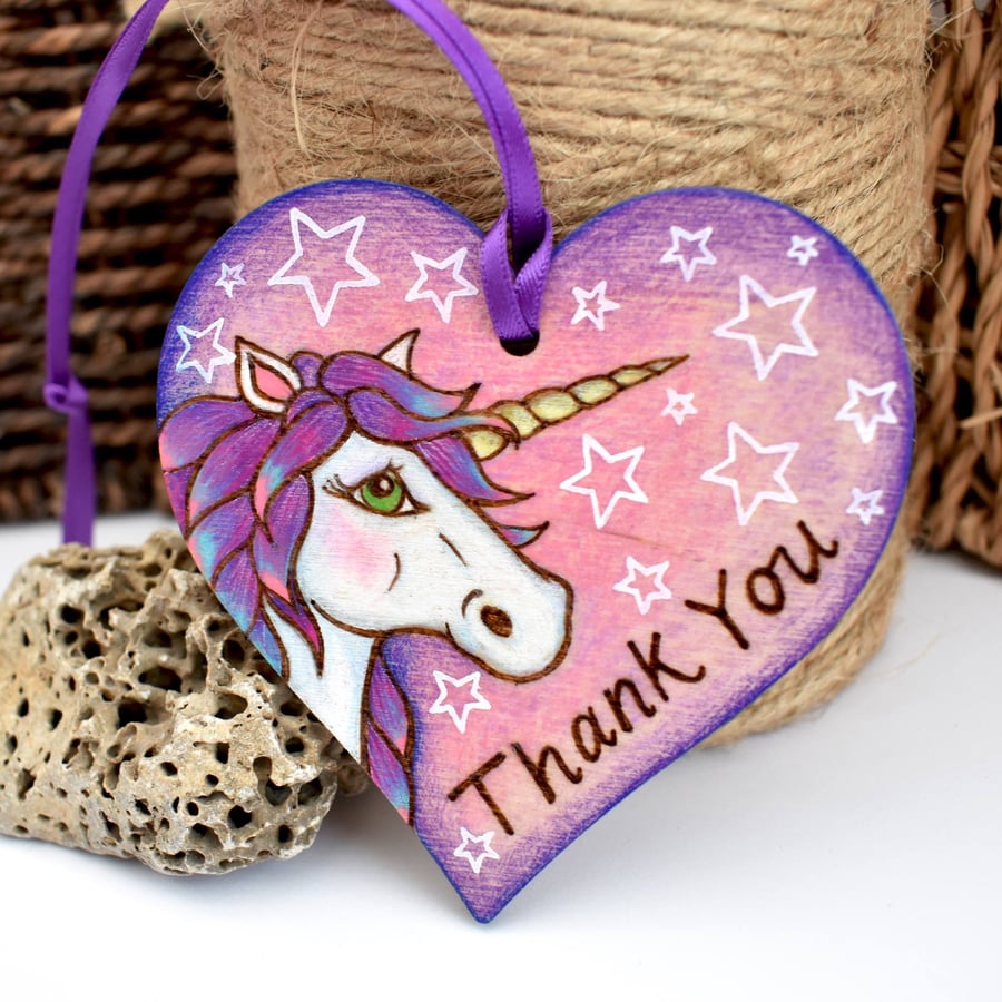 A unicorn thank you. Pyrography hanging heart decoration with colour. 