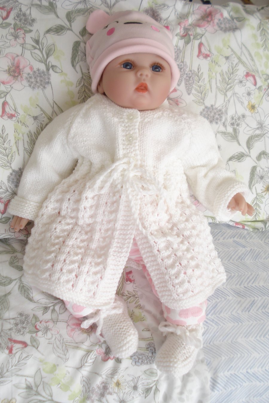 Pretty White Hand Knitted Cardigan And Bootees For Baby (J78)