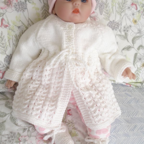 Pretty White Hand Knitted Cardigan And Bootees For Baby (J78)