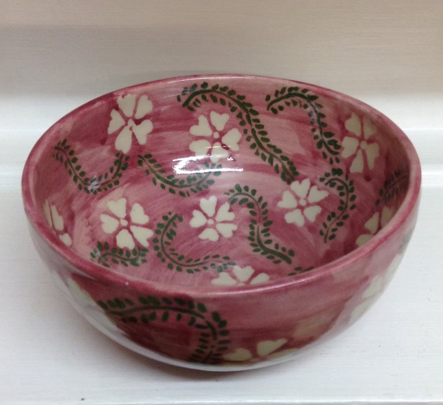 Soup or cereal bowl with pink, green and white floral design