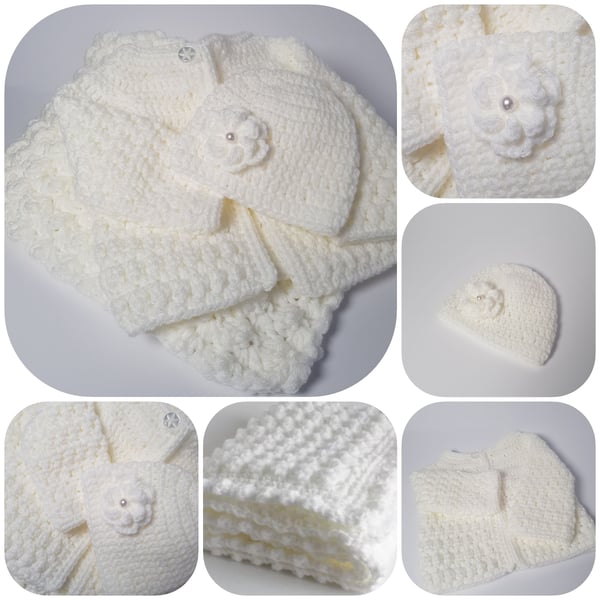 Handmade Baby Blanket, Cardigan, and Beanie Hat, 