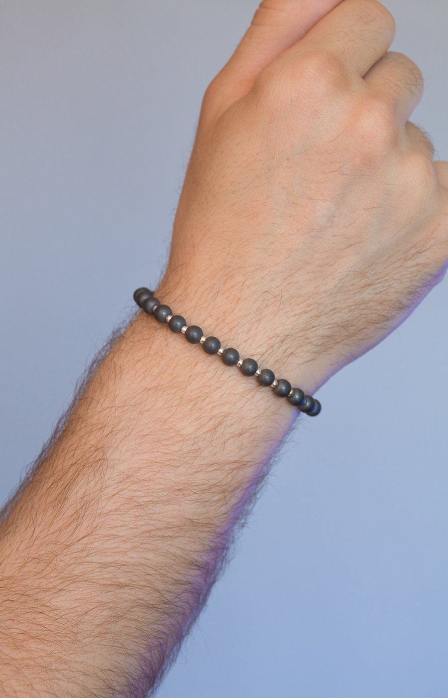Bracelet un-polished hematite and sterling silver stretch handmade