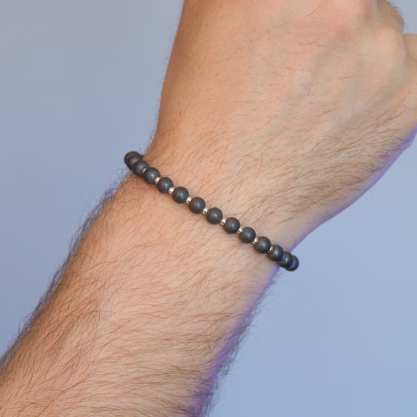Bracelet un-polished hematite and sterling silver stretch handmade