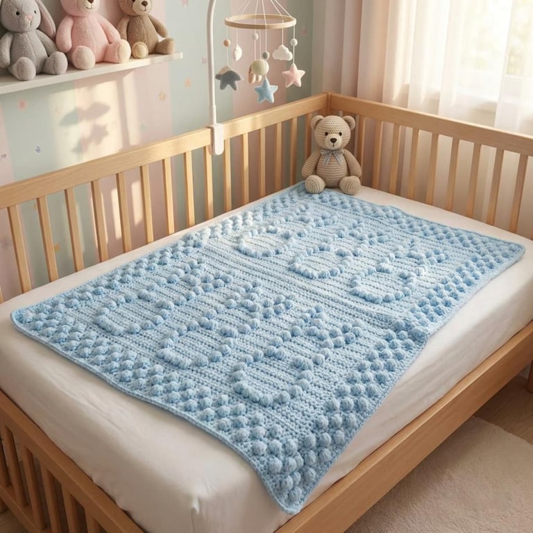 Blue Crocheted Baby Blanket with Bunnies, Pram Blanket, Nursery Bedding