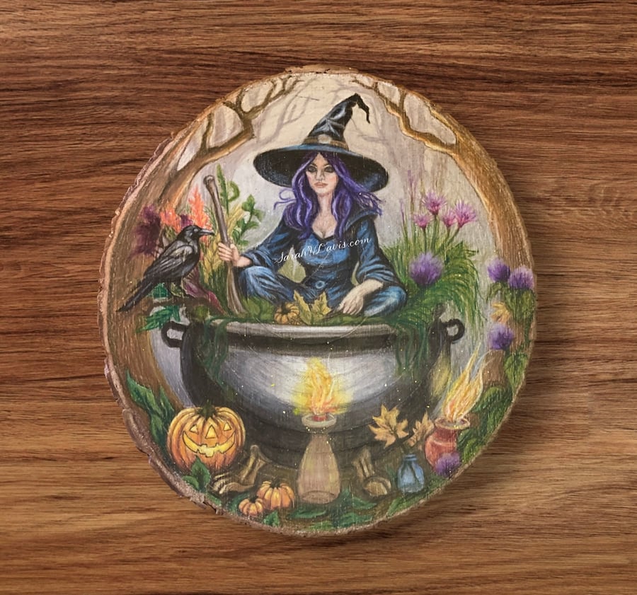Samhain - Original Soft-Wax Pencil Drawing on Wood - Large Log-Slice Wall Art.