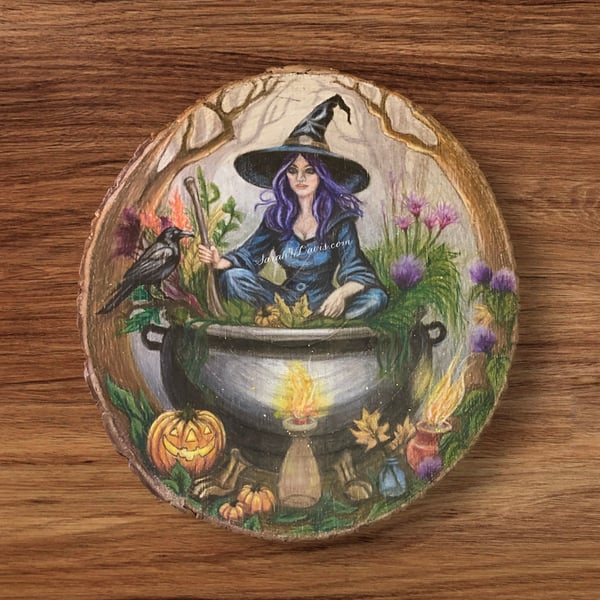 Samhain - Original Soft-Wax Pencil Drawing on Wood - Large Log-Slice Wall Art.