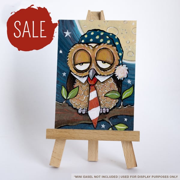 SALE - Original ACEO - Whimsical Sleepy Owl with Nightcap & Tie