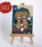 SALE - Original ACEO - Whimsical Sleepy Owl with Nightcap & Tie - Image 1