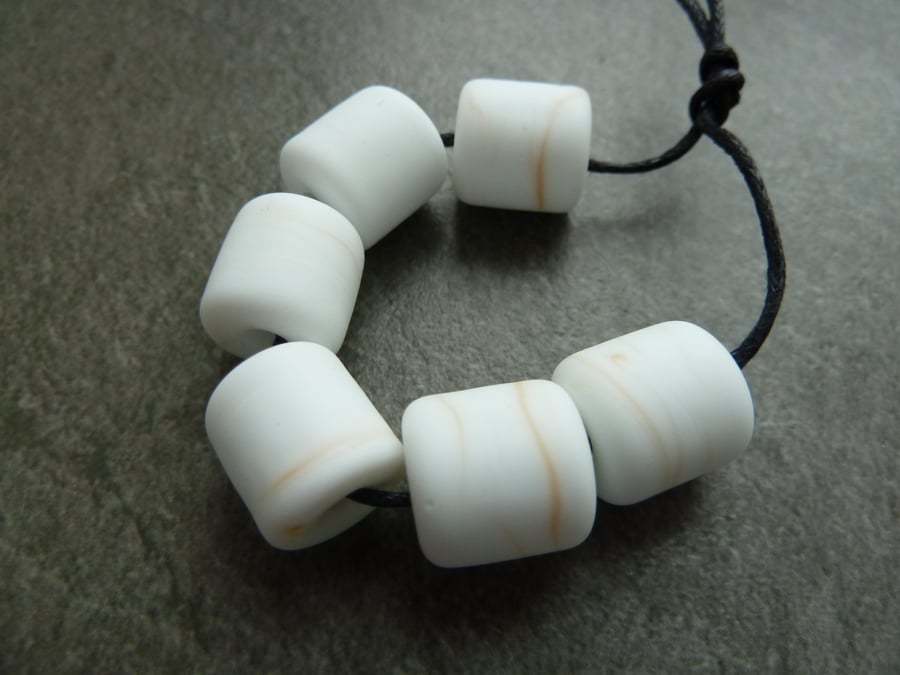 handmade lampwork glass beads, white barrel set