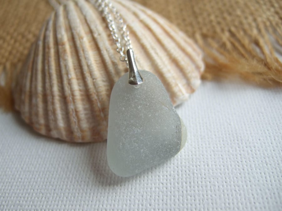 Scottish grey and white TV screen sea glass pendant, gray sea glass on sterling 