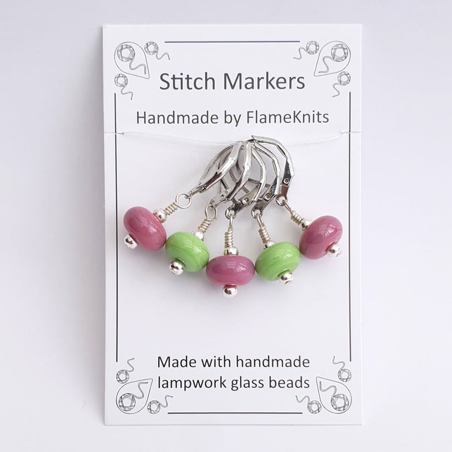 Lampwork Stitch Markers - Wicked Pinks and Greens