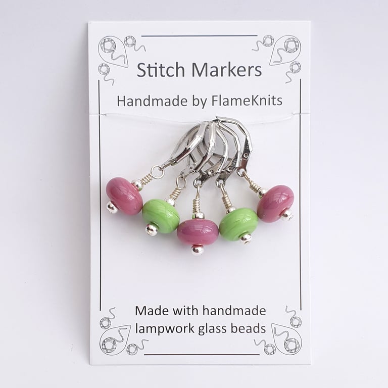 Lampwork Stitch Markers - Wicked Pinks and Greens