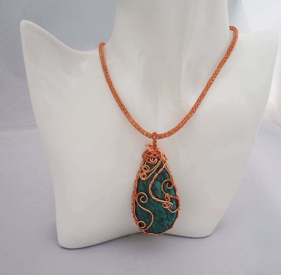 Wire Wrapped Chrysocolla Pendant, Cooper Necklace, Viking Knit Necklace