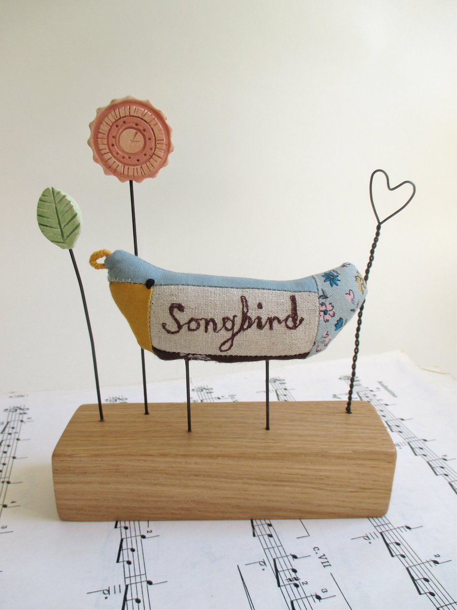Songbird with Pink Clay Flower, Leaf and Wire Love Heart