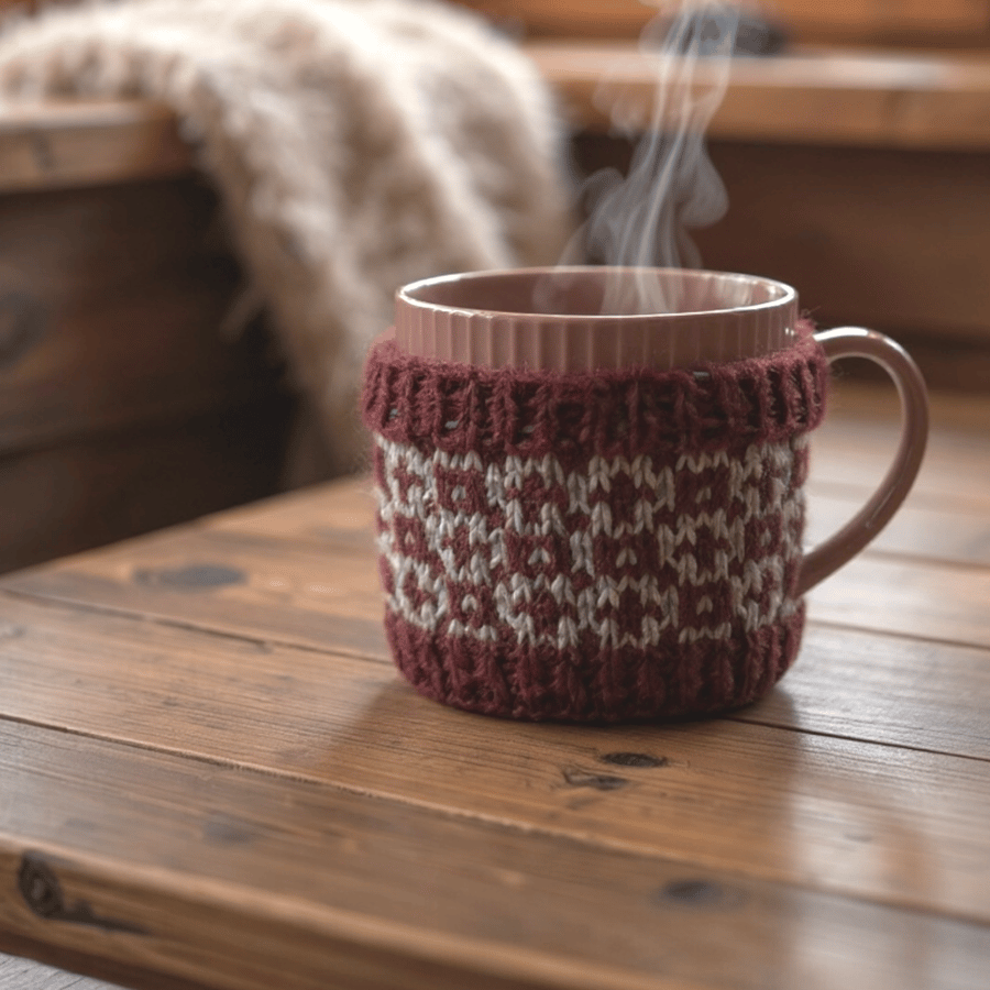 Dark Red Sheep mug hug , fair isle knitted cosie