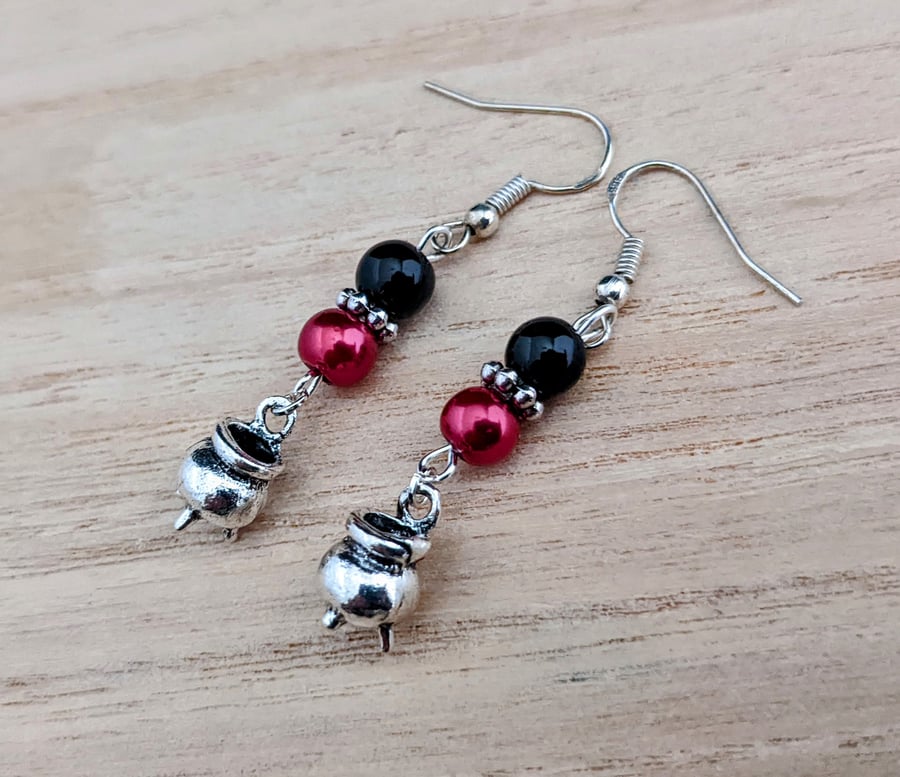 Witch's cauldron earrings - black, red and silver