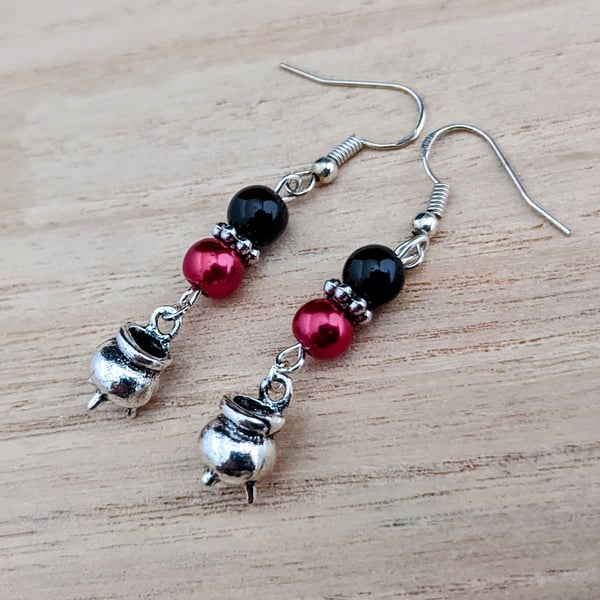 Witch's cauldron earrings - black, red and silver