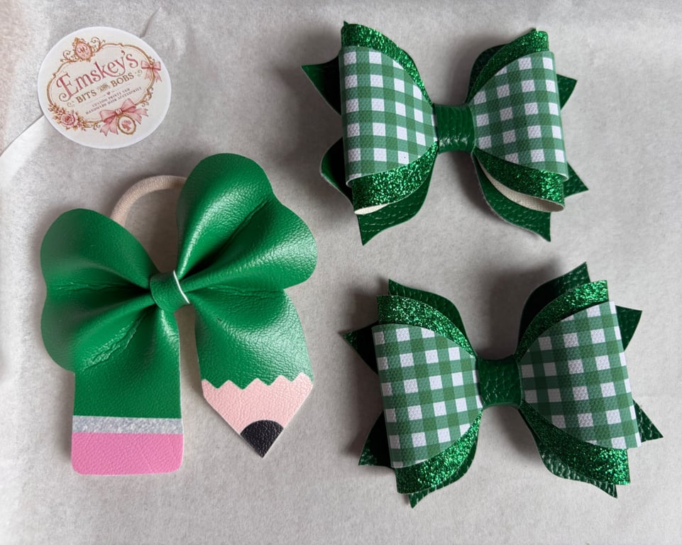 Green School Hair Bow Set
