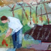 Pulling carrots small painting on reclaimed wood