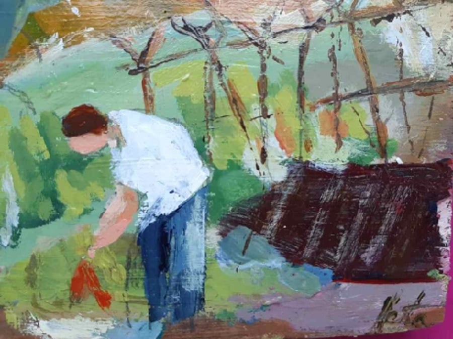 Pulling carrots small painting on reclaimed wood