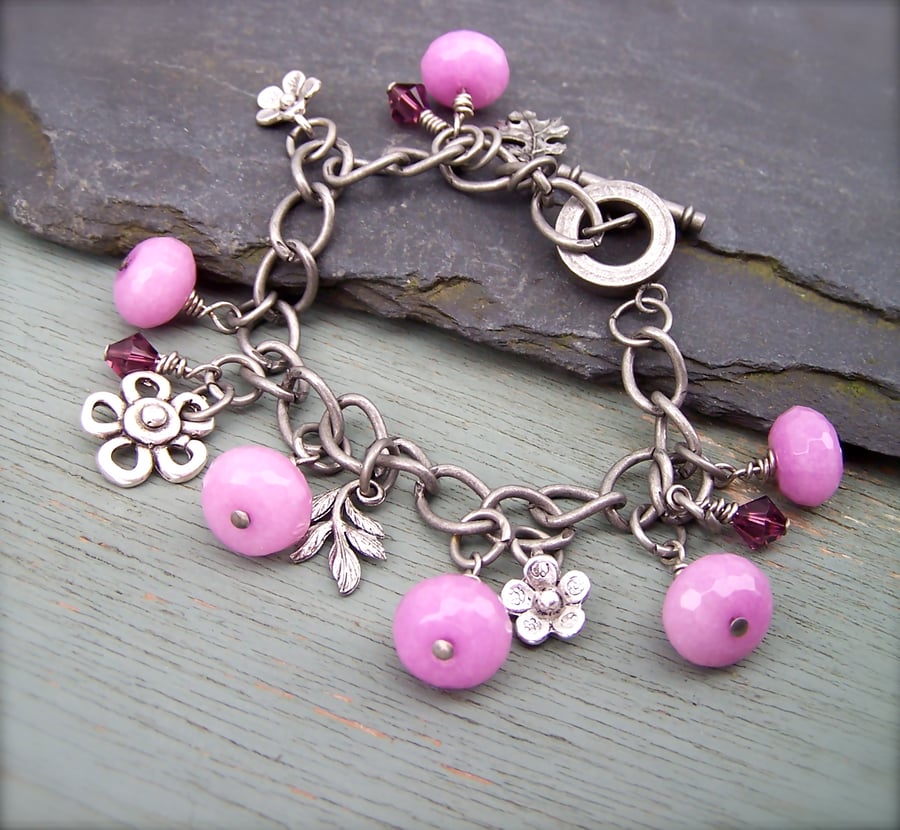 Jade Charm Bracelet, Pink Jade Gemstones, Silver Charms, Ooak Bracelet