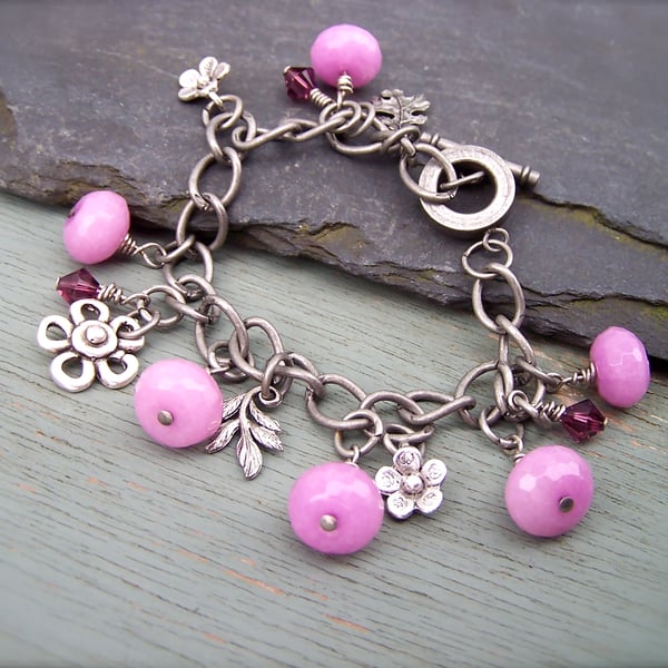 Jade Charm Bracelet, Pink Jade Gemstones, Silver Charms, Ooak Bracelet