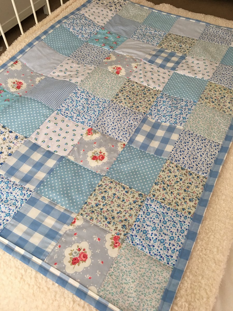Large blue Shabby chic cotton fabric patchwork quilt, lap quilt, throw,play mat