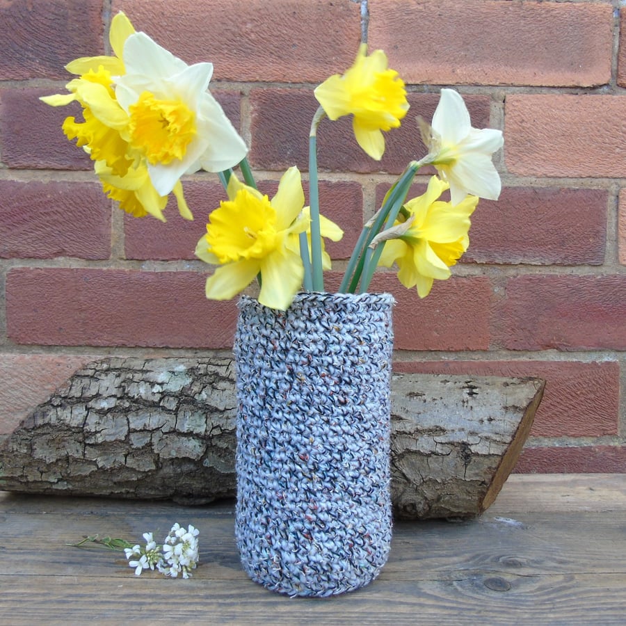 Vase cover crocheted in tweed effect yarn -  Glass Jar Vase Hand Wash Cover