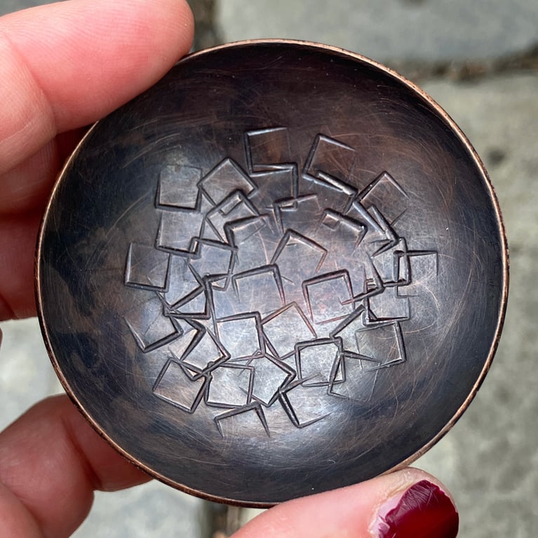 Oxidised copper bowl with stamped square pattern, 7th wedding anniversary gift