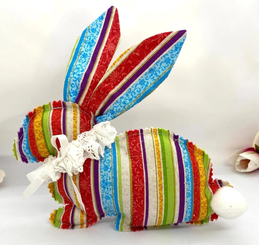 Handmade Easter Bunny Decoration Set – Striped Rabbit & Spring Ornaments (4 Piec
